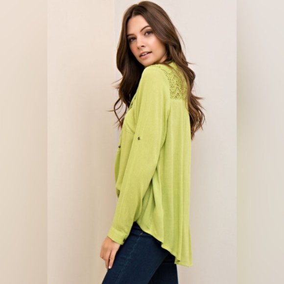 Entro | Vetiver Lace Up Crochet Back Top Lime Green New Crinkle Hi Low Medium - Picture 7 of 13